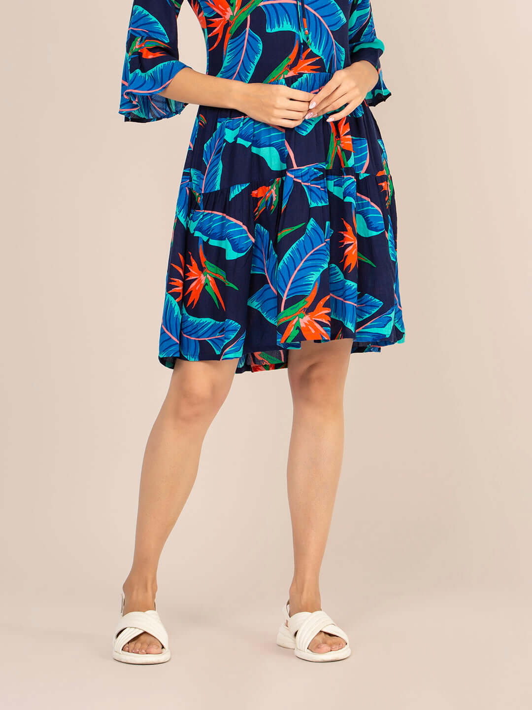 Rayon Printed Fit & Flare V Neck String Midi Dress