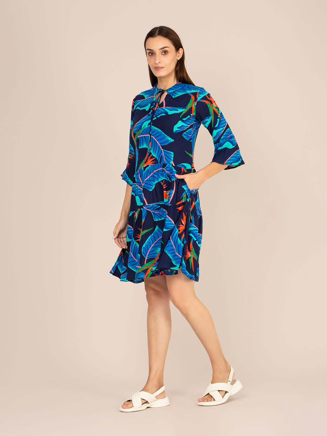 Rayon Printed Fit & Flare V Neck String Midi Dress