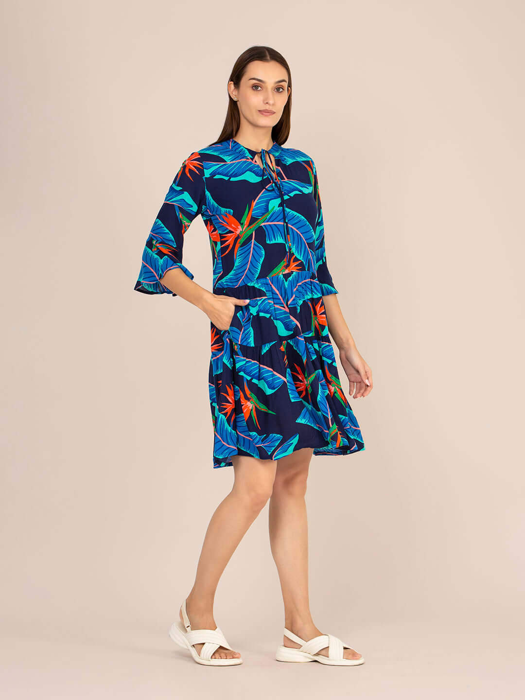 Rayon Printed Fit & Flare V Neck String Midi Dress
