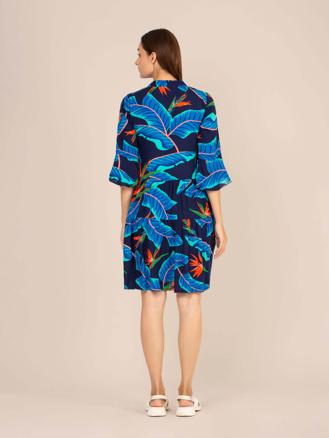 Rayon Printed Fit & Flare V Neck String Midi Dress