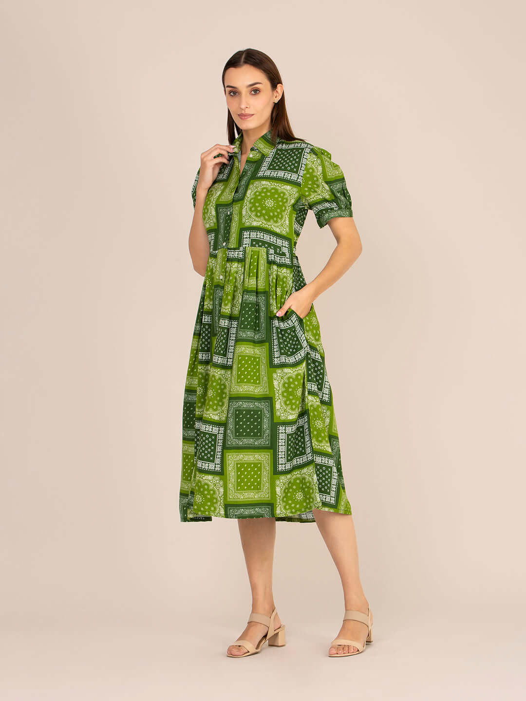 Rayon Printed Puff Sleeve A Line Shirt Dress