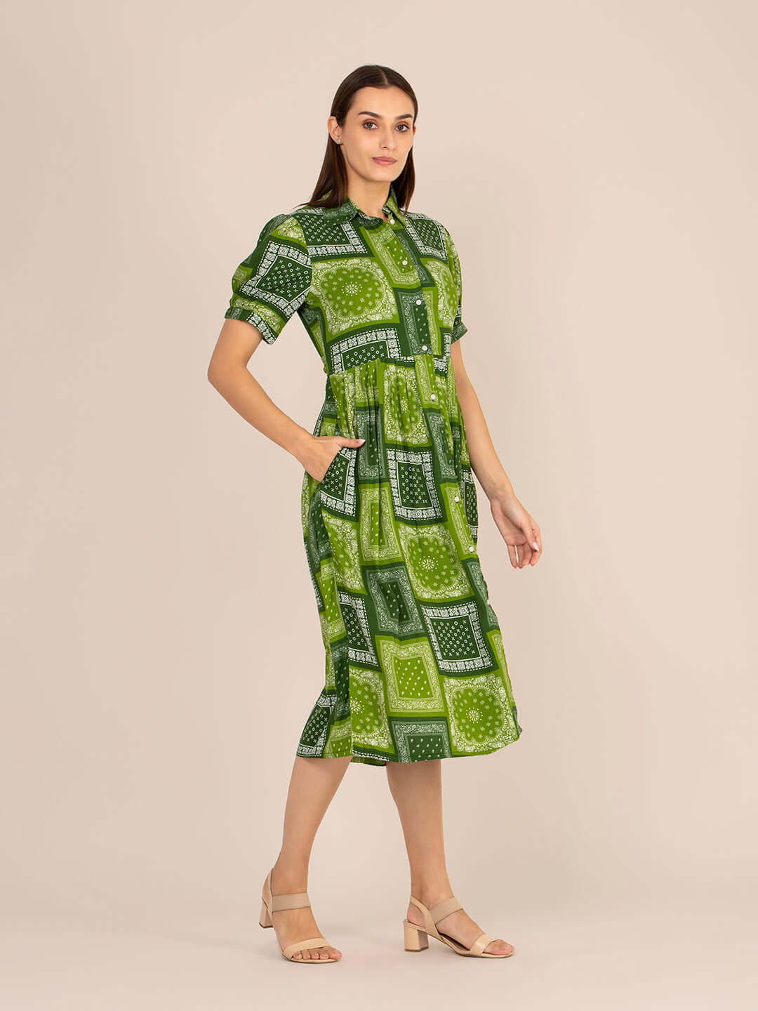 Rayon Printed Puff Sleeve A Line Shirt Dress
