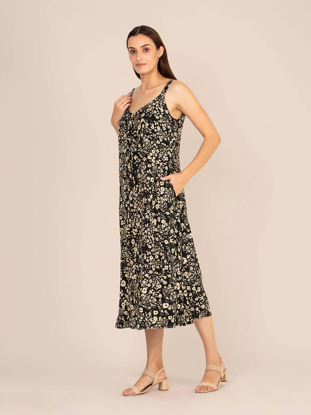 Rayon Printed V Neck Shoulder Strap Maxi Dress