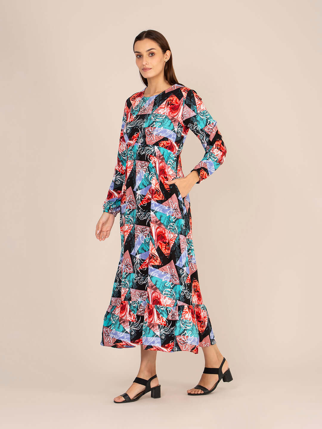 Rayon Printed Full Sleeve Maxi Dress