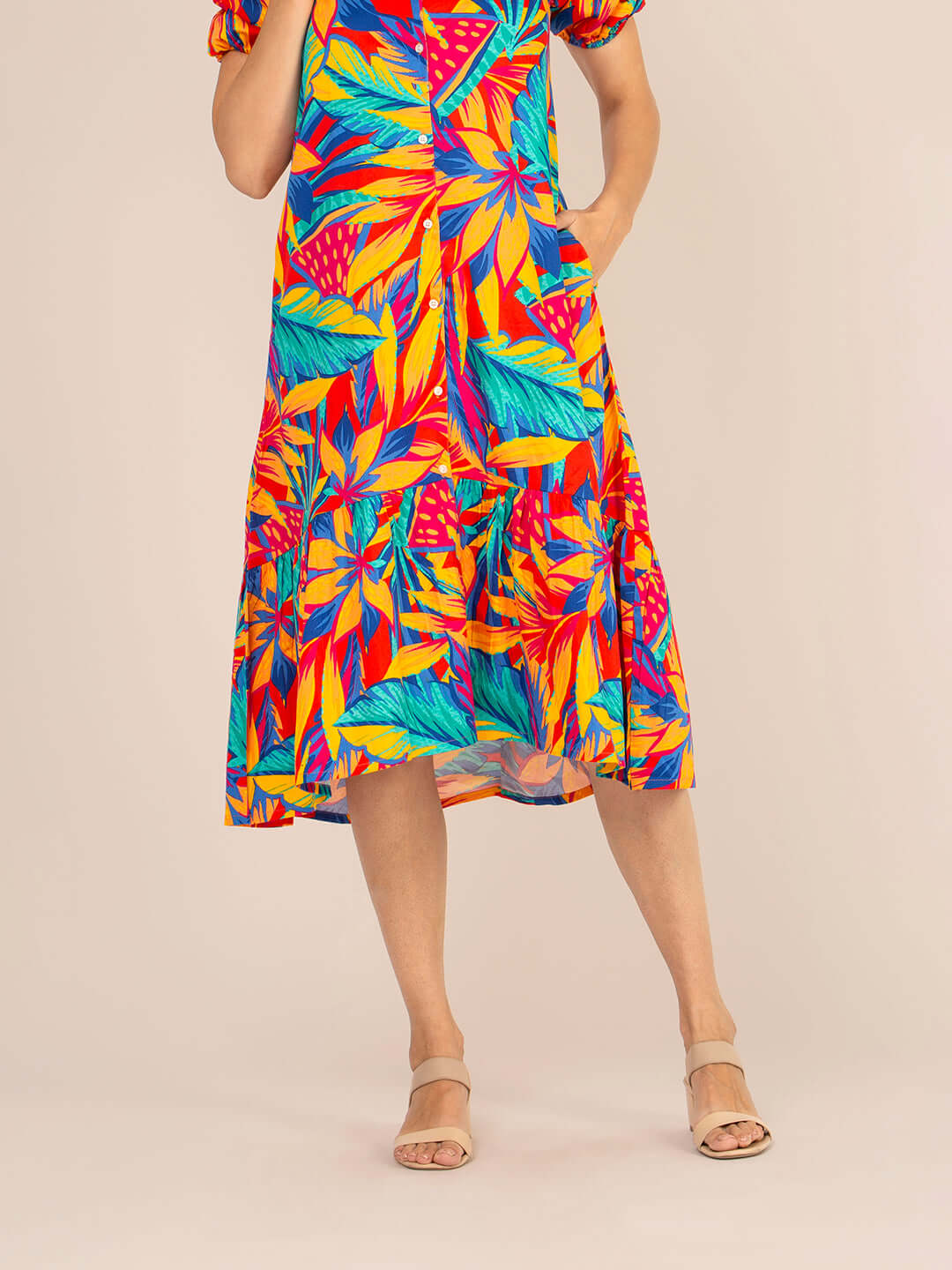 Rayon Printed Puff Sleeve A Line Front Button Maxi Dress