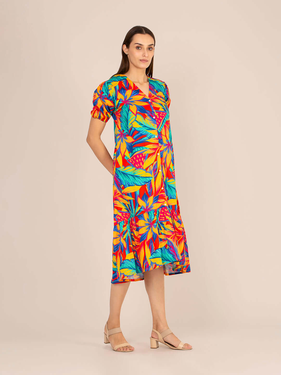 Rayon Printed Puff Sleeve A Line Front Button Maxi Dress