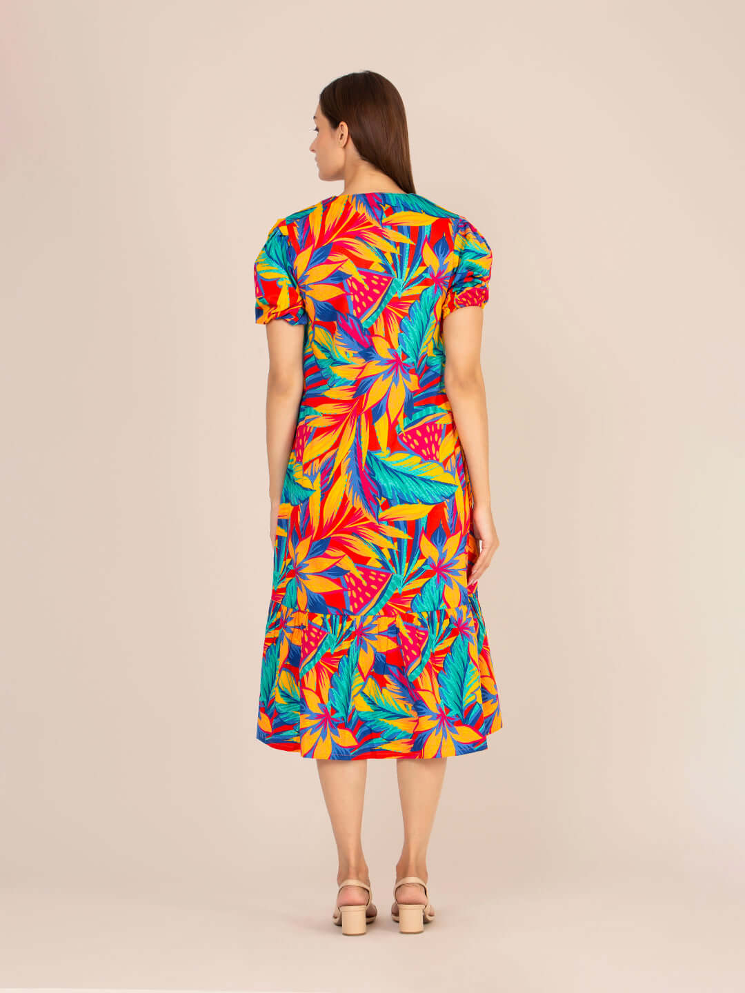Rayon Printed Puff Sleeve A Line Front Button Maxi Dress