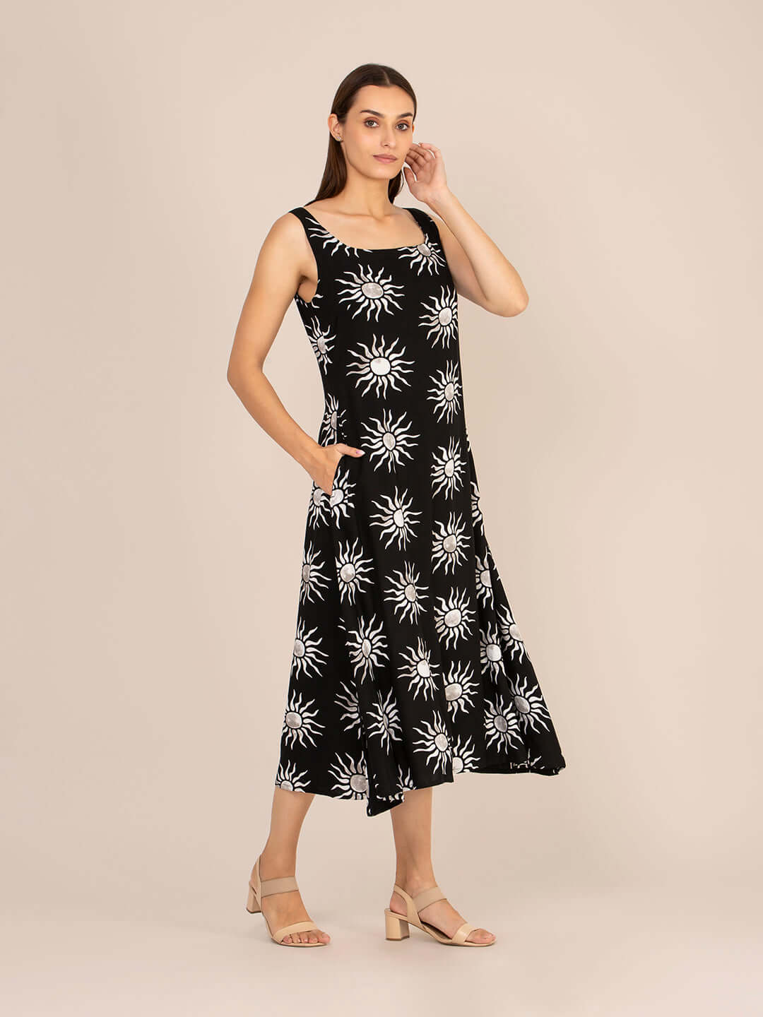 Rayon Printed Sleeveless Fit & Flare Maxi Dress