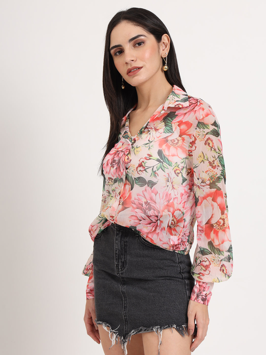 Women'S Premium Chiffon Multicolour Regular Length Straight Hem Digital Print Shirt