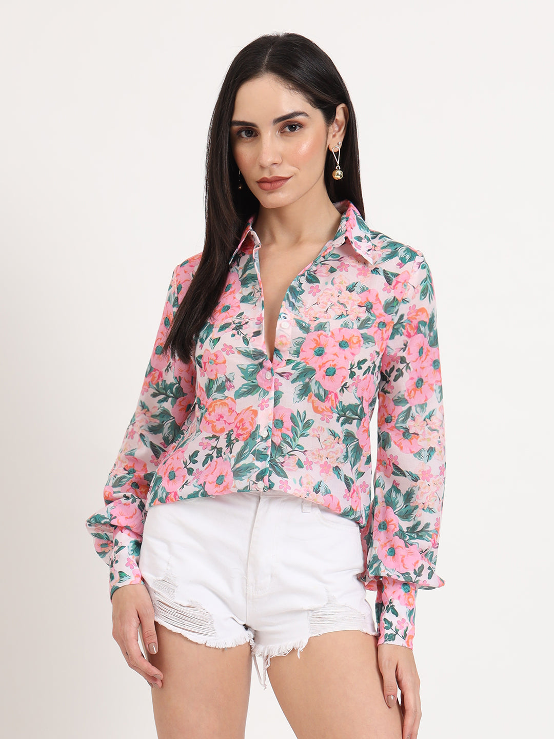 Women'S Luxury Cambric Multicolour Regular Length Straight Hem Digital Print Shirt