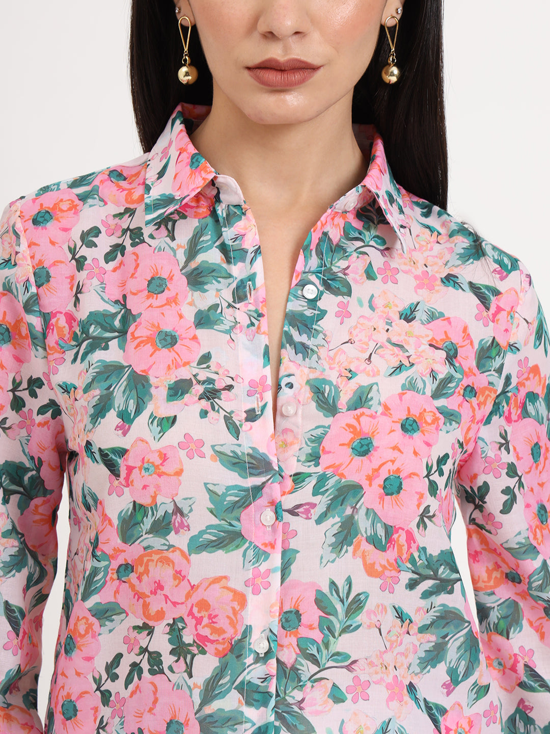 Women'S Luxury Cambric Multicolour Regular Length Straight Hem Digital Print Shirt