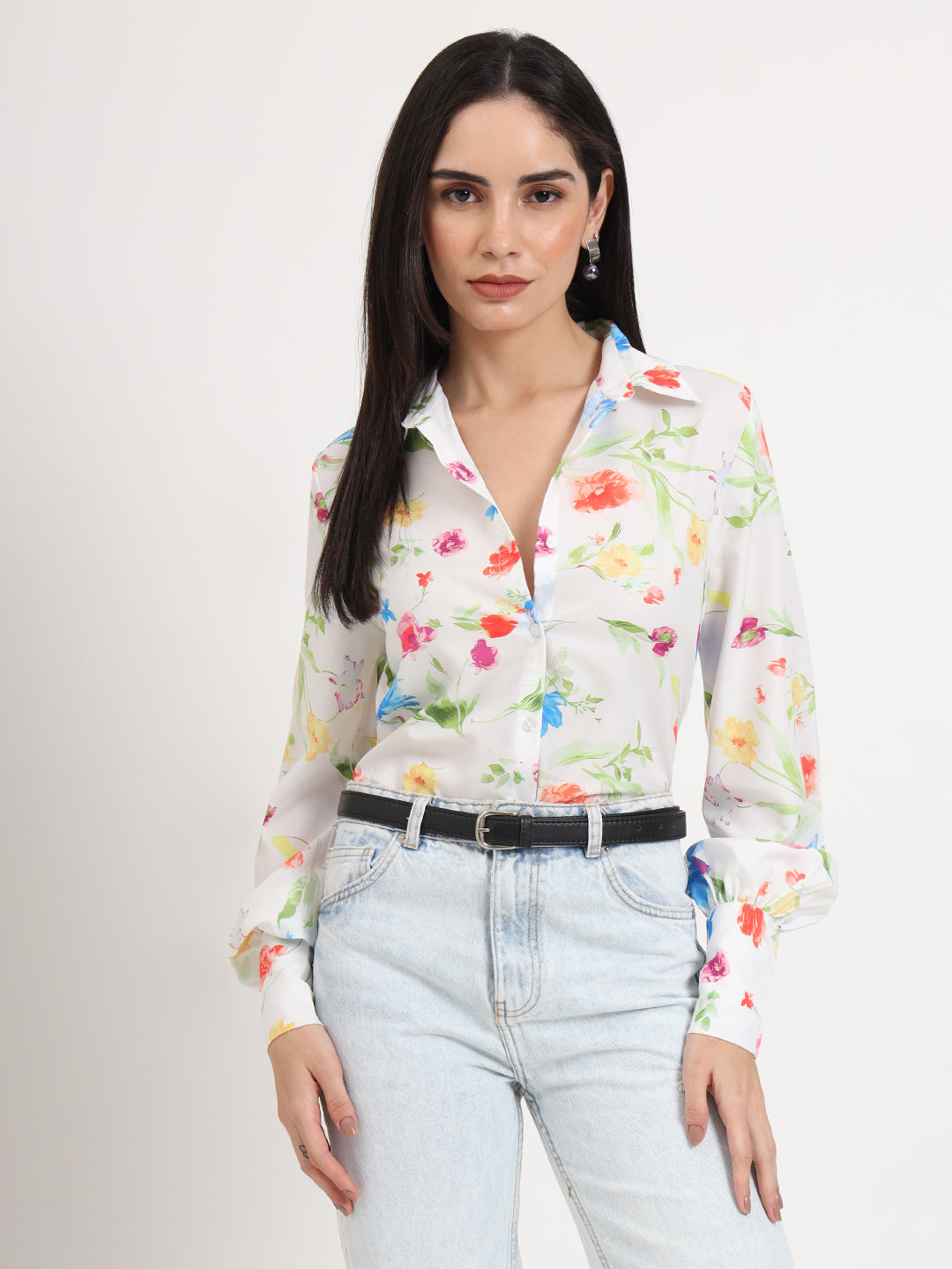 Women'S Premium Micro Multicolour Regular Length Straight Hem Digital Print Shirt
