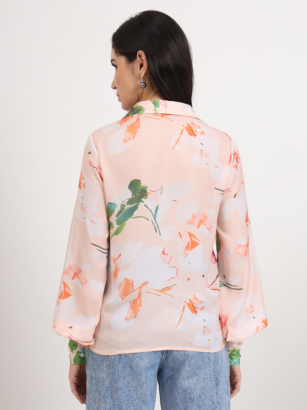 Women'S Luxury Satin Multicolour Regular Length Straight Hem Digital Print Shirt