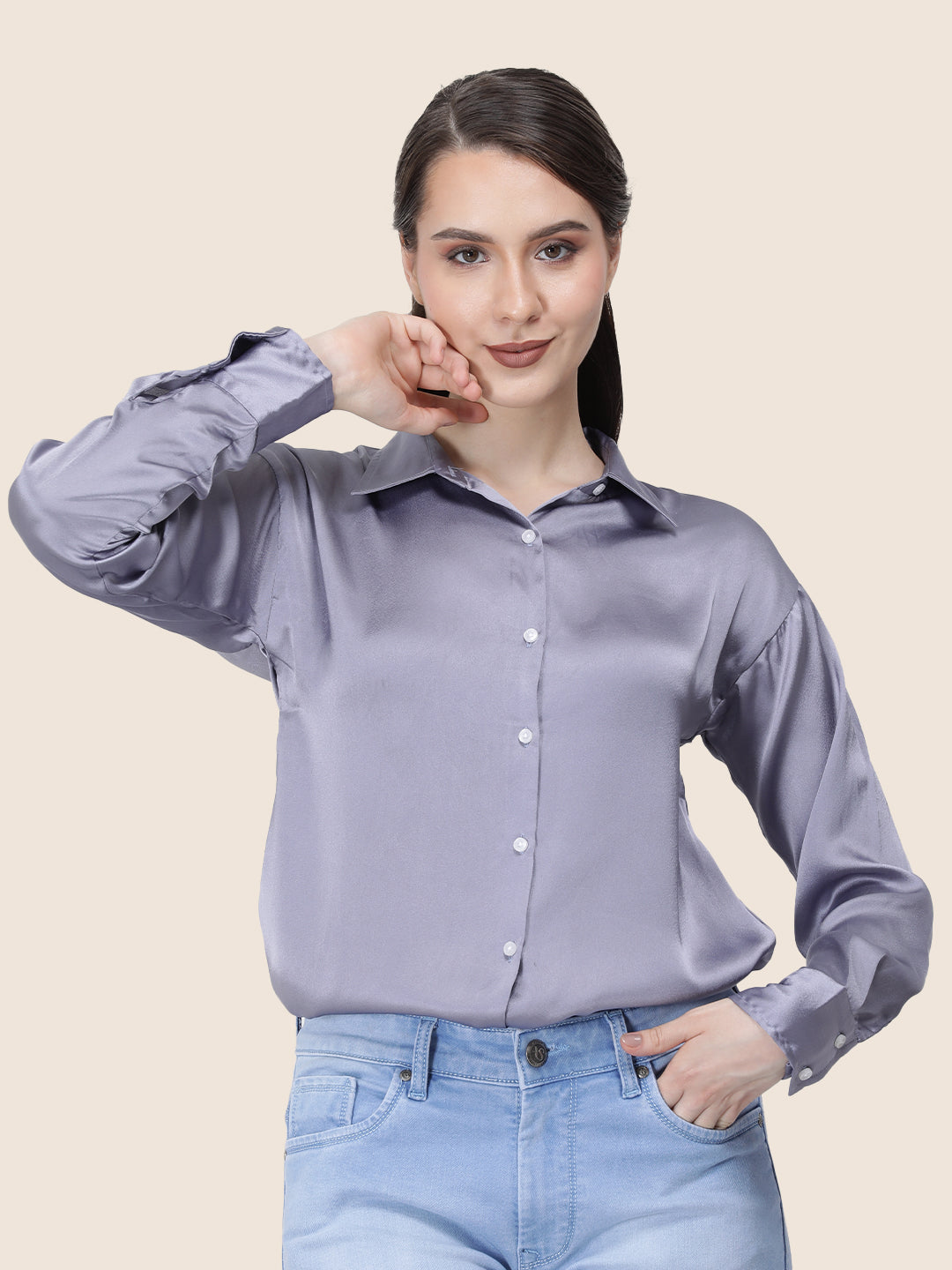 Bluish Grey Regular Fit Summer Satin Shirt