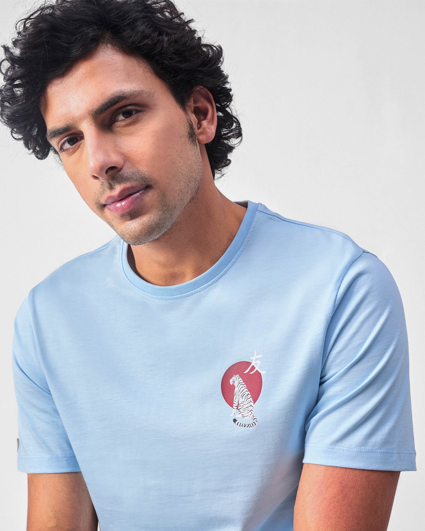 Japanese Tora T-shirt - Powder Blue & Red Print