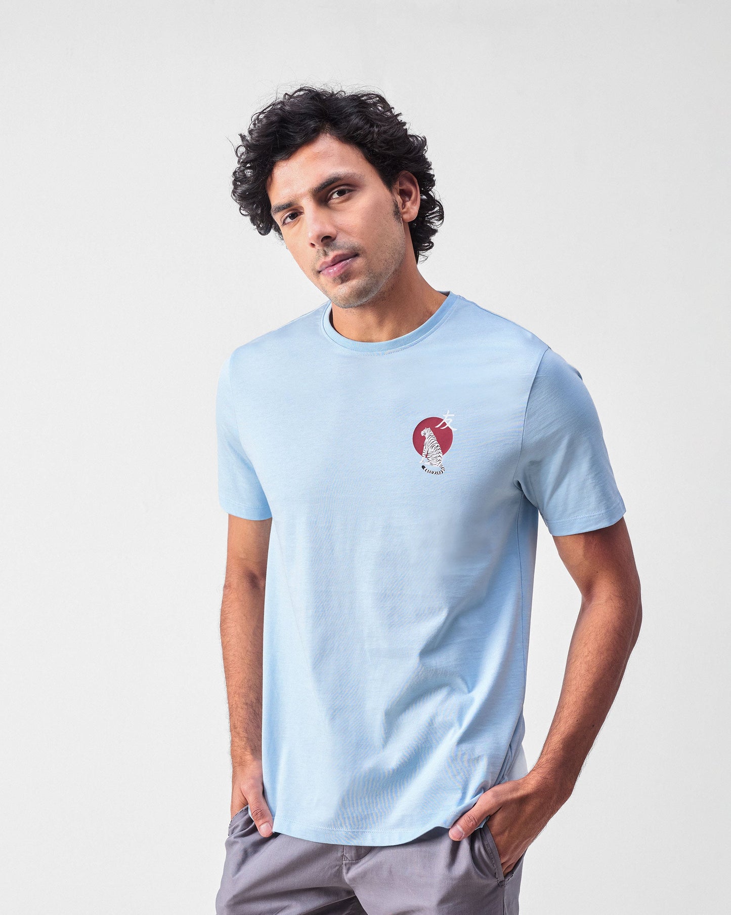 Japanese Tora T-shirt - Powder Blue & Red Print