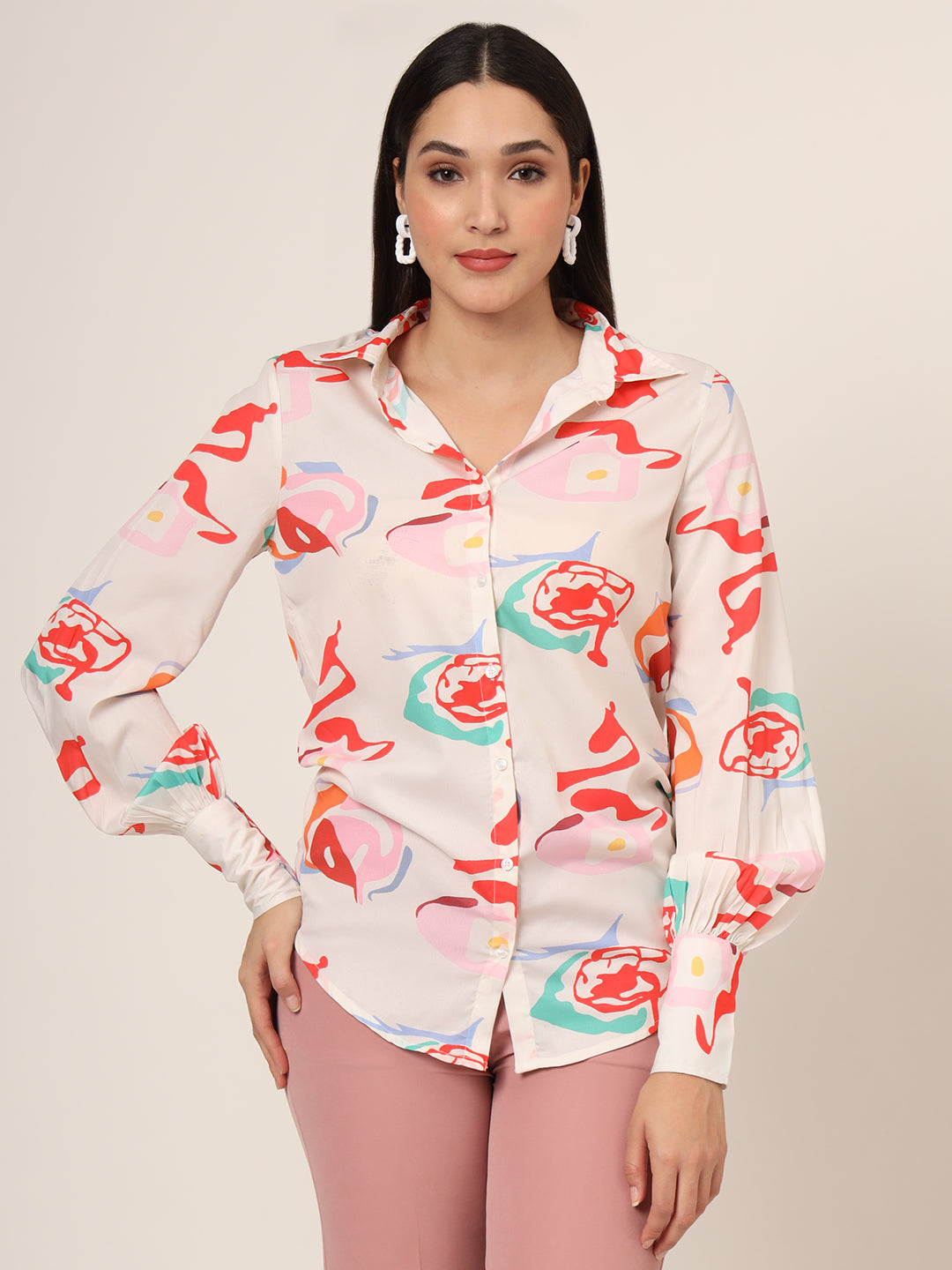 Women'S Premium American Crepe Multicolour Long Length Curved Hem Digital Print Shirt