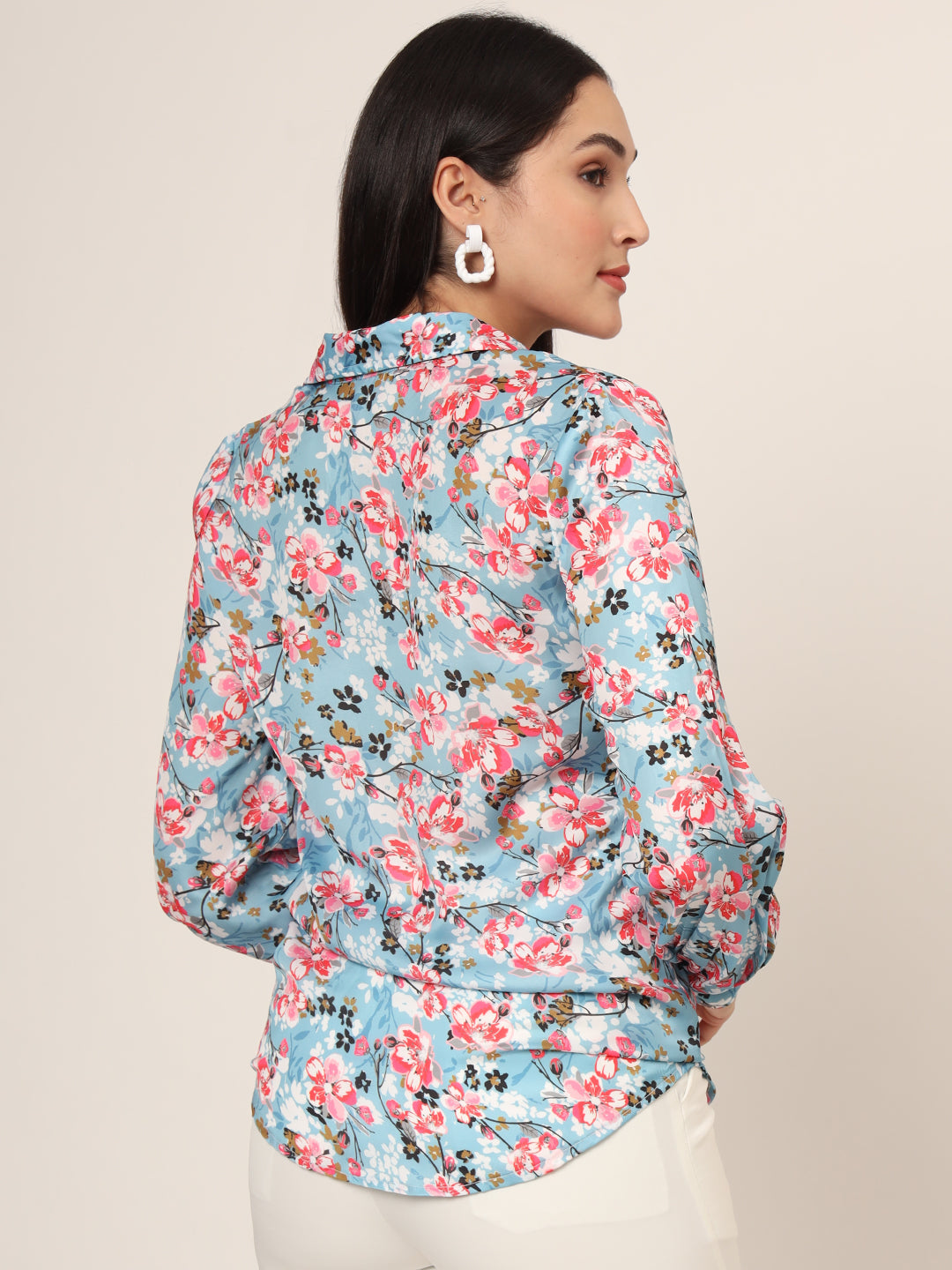 Women'S Luxury Satin Multicolour Long Length Curved Hem Digital Print Shirt