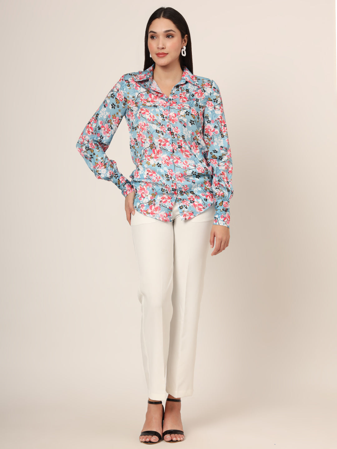 Women'S Luxury Satin Multicolour Long Length Curved Hem Digital Print Shirt