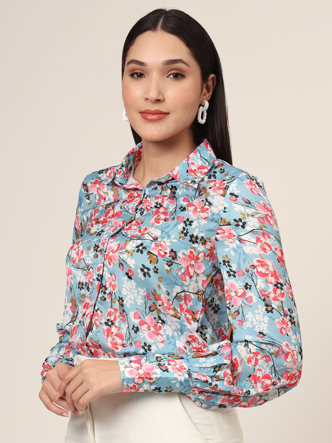 Women'S Luxury Satin Multicolour Long Length Curved Hem Digital Print Shirt