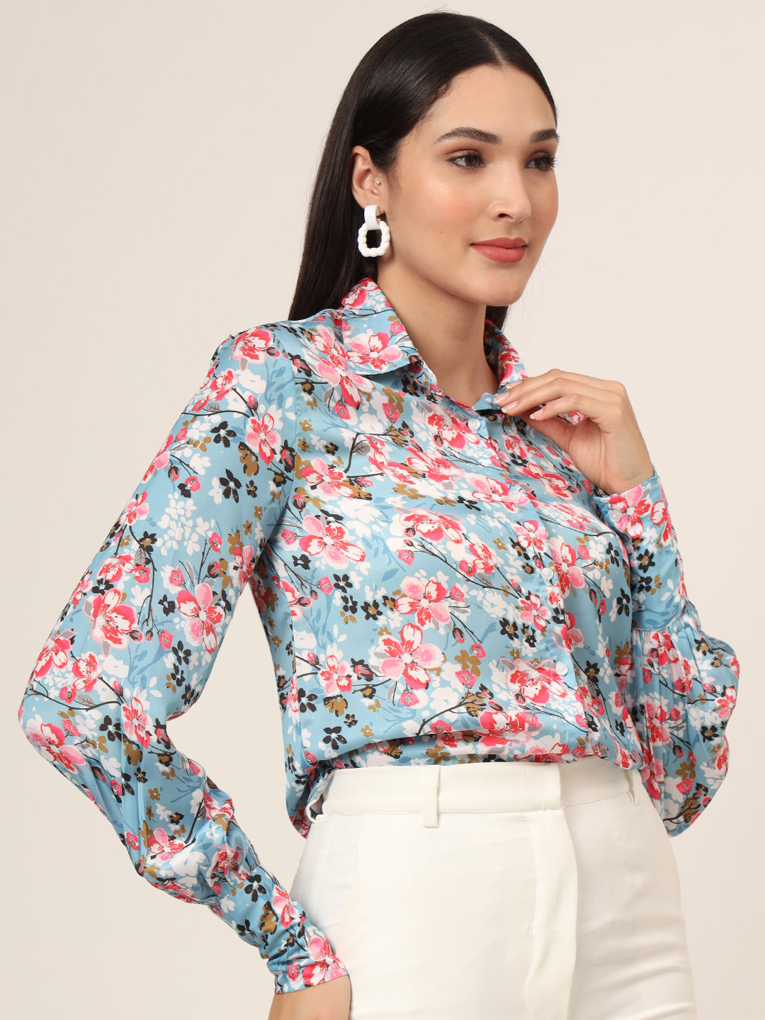 Women'S Luxury Satin Multicolour Long Length Curved Hem Digital Print Shirt