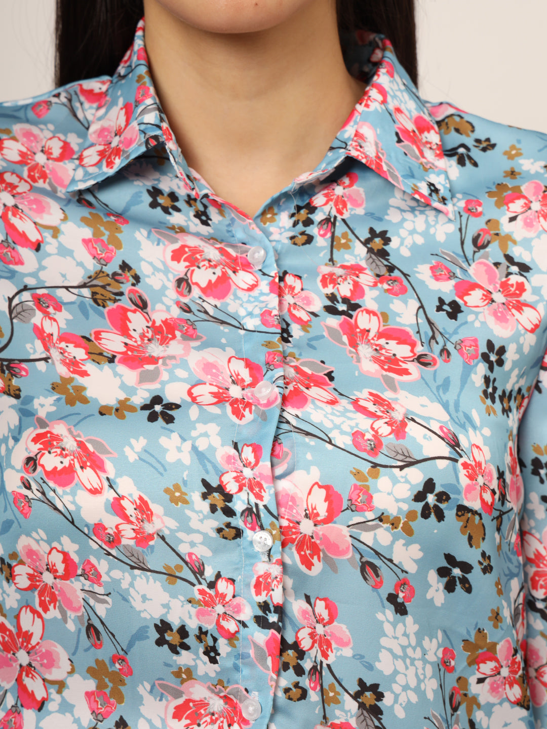 Women'S Luxury Satin Multicolour Long Length Curved Hem Digital Print Shirt