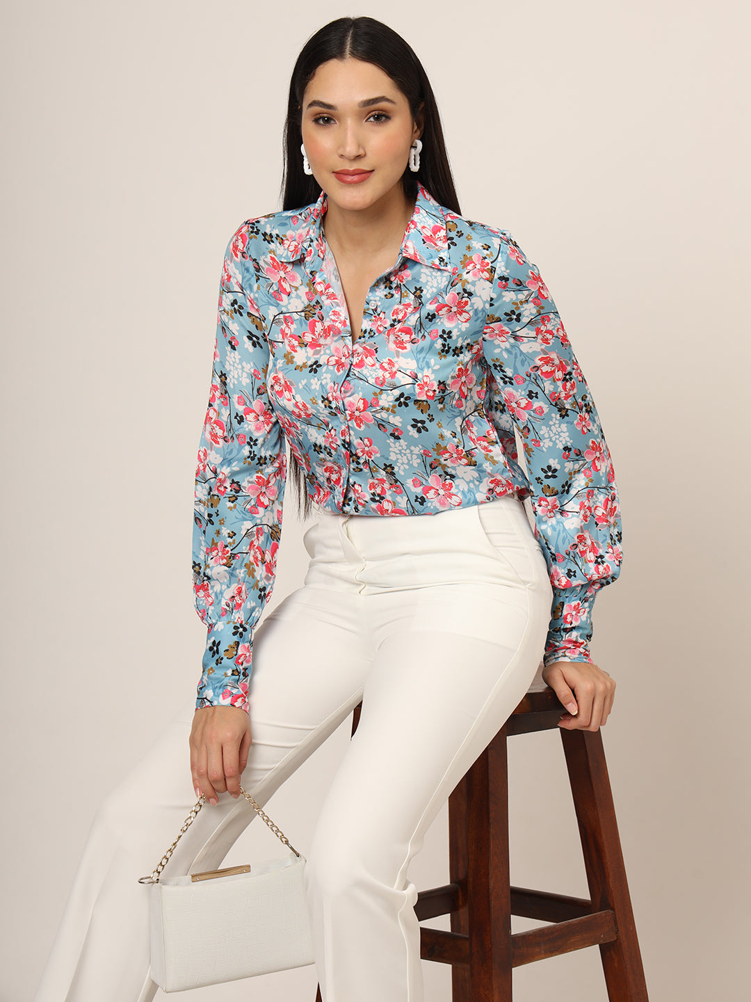 Women'S Luxury Satin Multicolour Long Length Curved Hem Digital Print Shirt