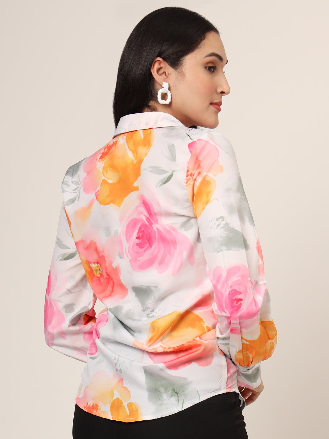 Women'S Premium Micro Multicolour Long Length Curved Hem Digital Print Shirt