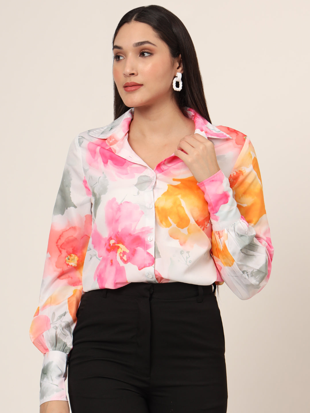 Women'S Premium Micro Multicolour Long Length Curved Hem Digital Print Shirt