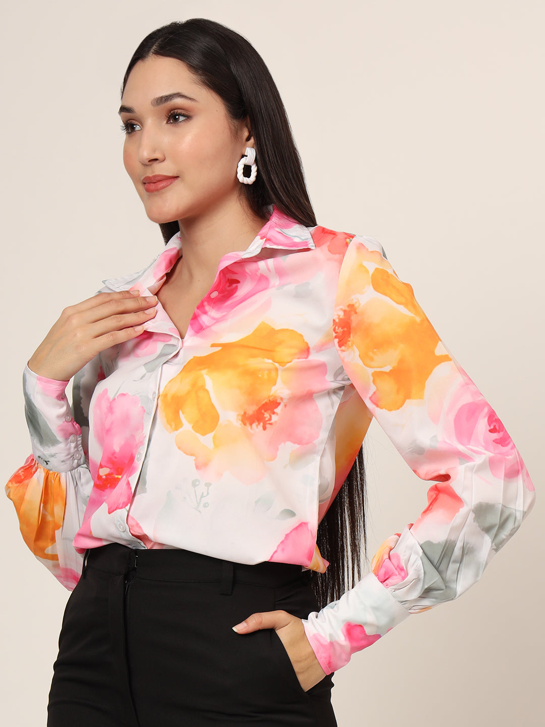 Women'S Premium Micro Multicolour Long Length Curved Hem Digital Print Shirt