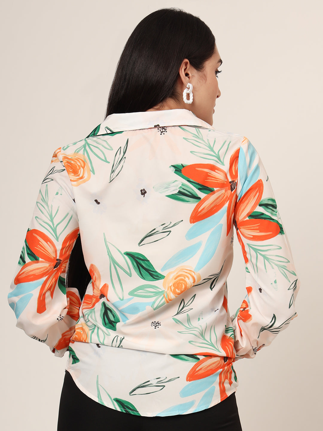 Women'S Premium Micro Multicolour Long Length Curved Hem Digital Print Shirt