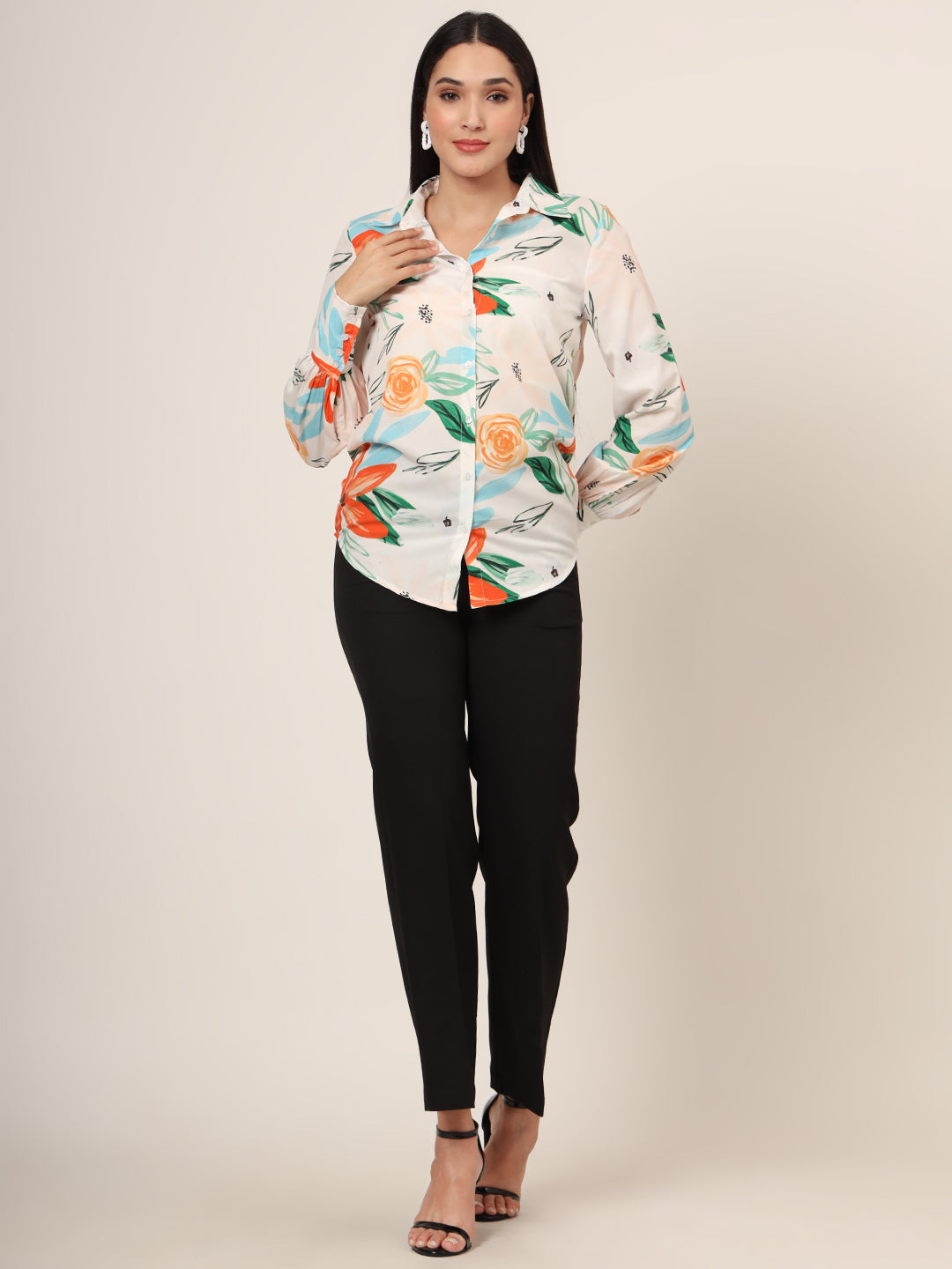 Women'S Premium Micro Multicolour Long Length Curved Hem Digital Print Shirt