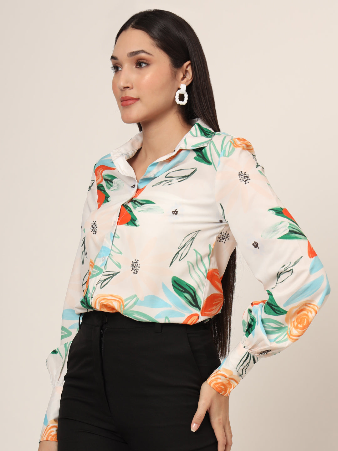Women'S Premium Micro Multicolour Long Length Curved Hem Digital Print Shirt