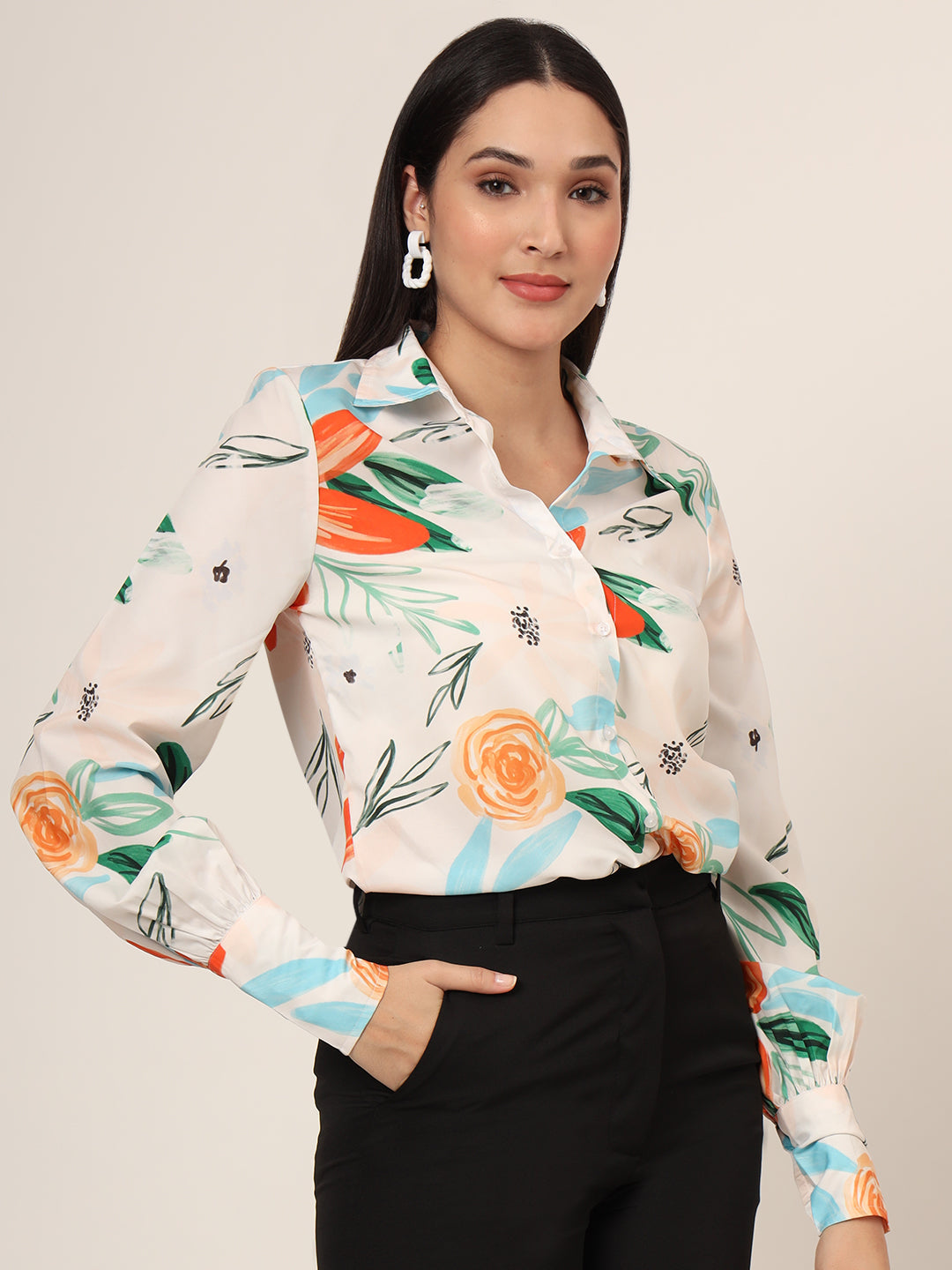 Women'S Premium Micro Multicolour Long Length Curved Hem Digital Print Shirt