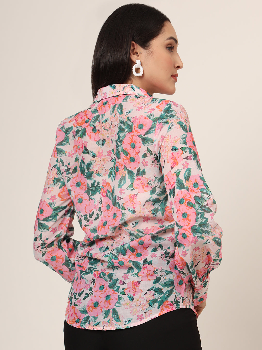 Women'S Luxury Cambric Multicolour Long Length Curved Hem Digital Print Shirt
