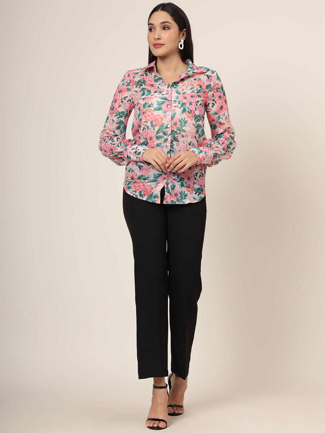 Women'S Luxury Cambric Multicolour Long Length Curved Hem Digital Print Shirt
