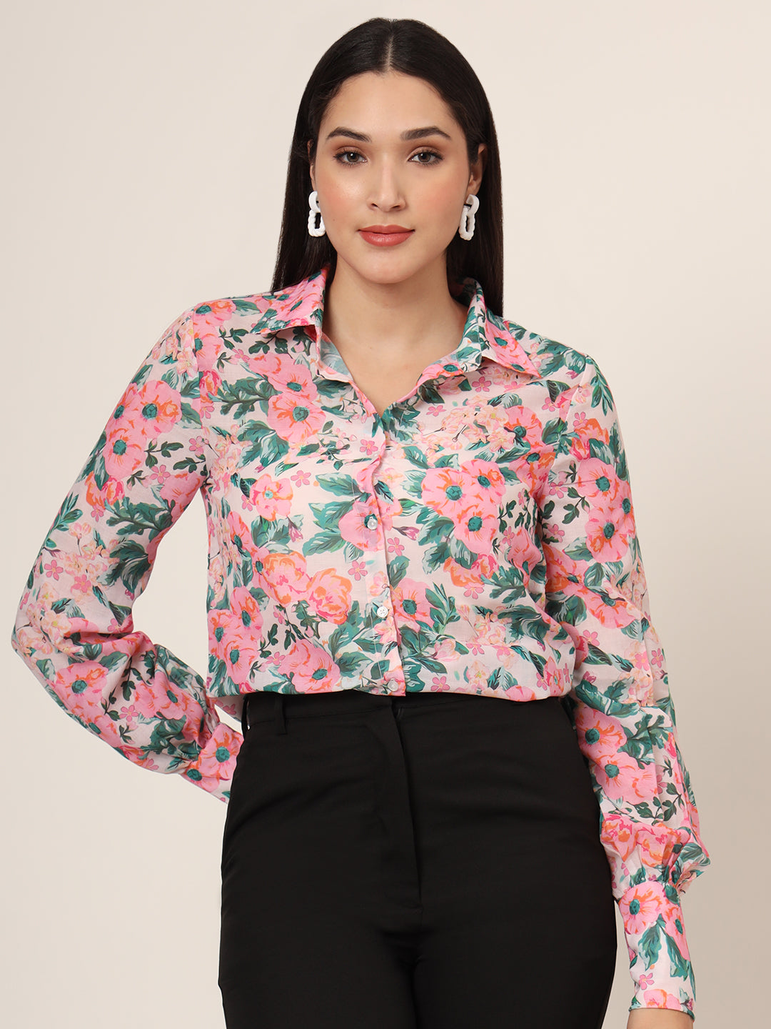 Women'S Luxury Cambric Multicolour Long Length Curved Hem Digital Print Shirt