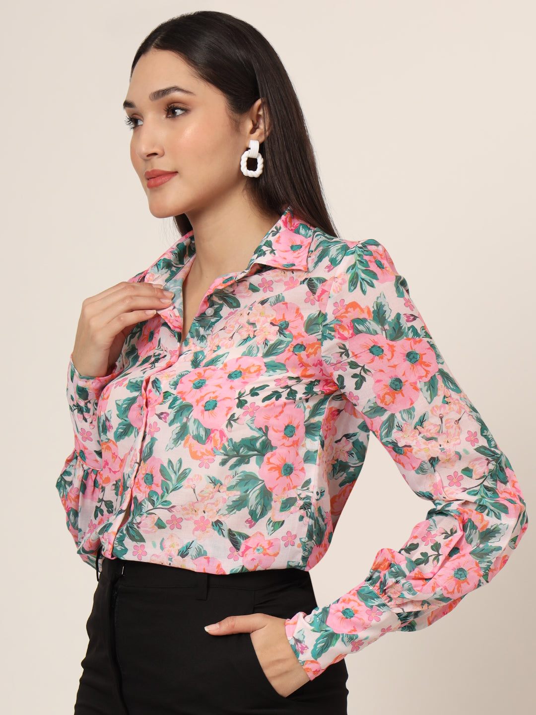 Women'S Luxury Cambric Multicolour Long Length Curved Hem Digital Print Shirt