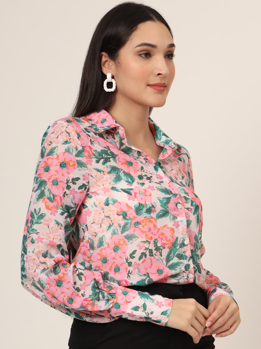 Women'S Luxury Cambric Multicolour Long Length Curved Hem Digital Print Shirt