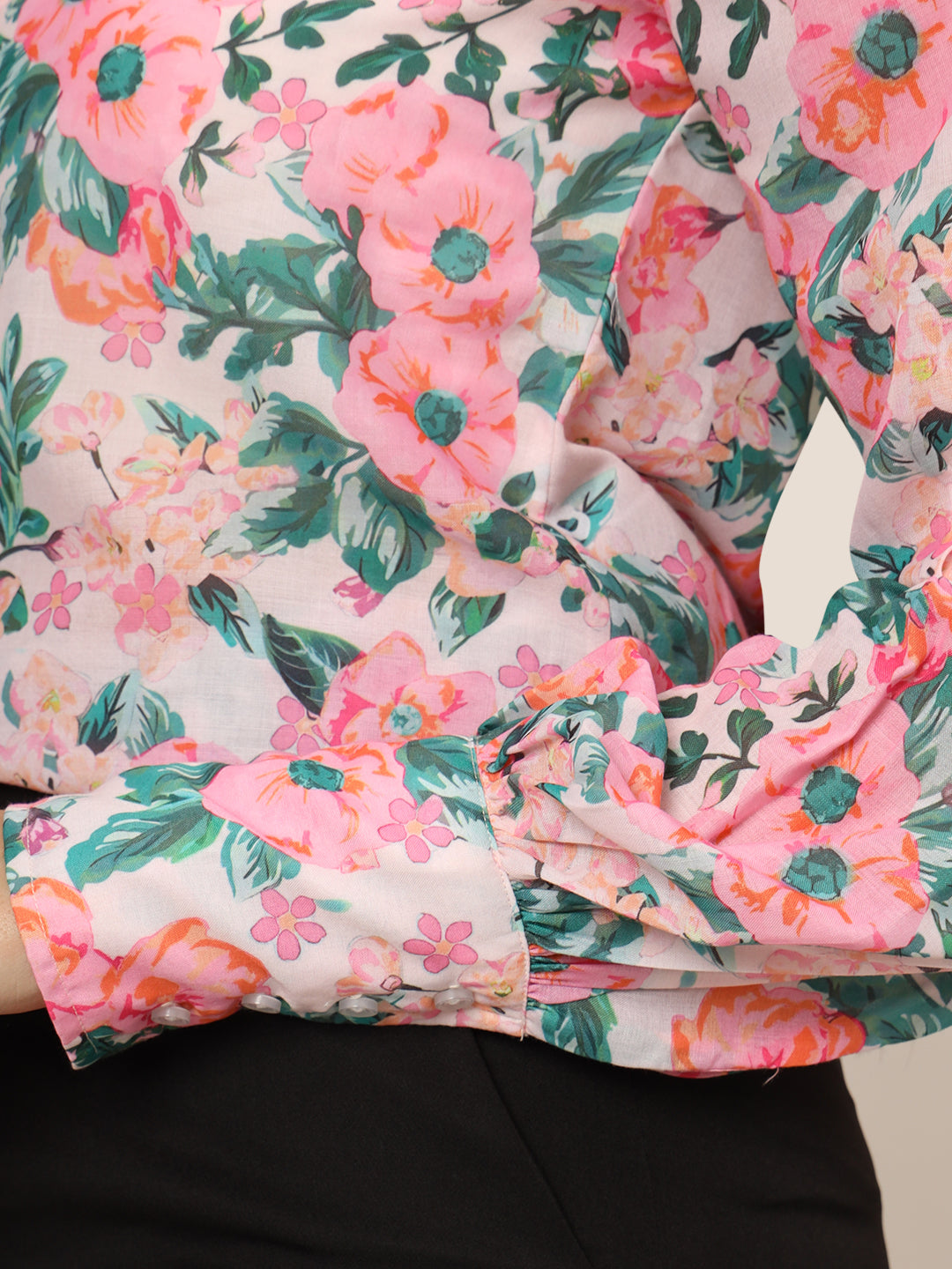 Women'S Luxury Cambric Multicolour Long Length Curved Hem Digital Print Shirt