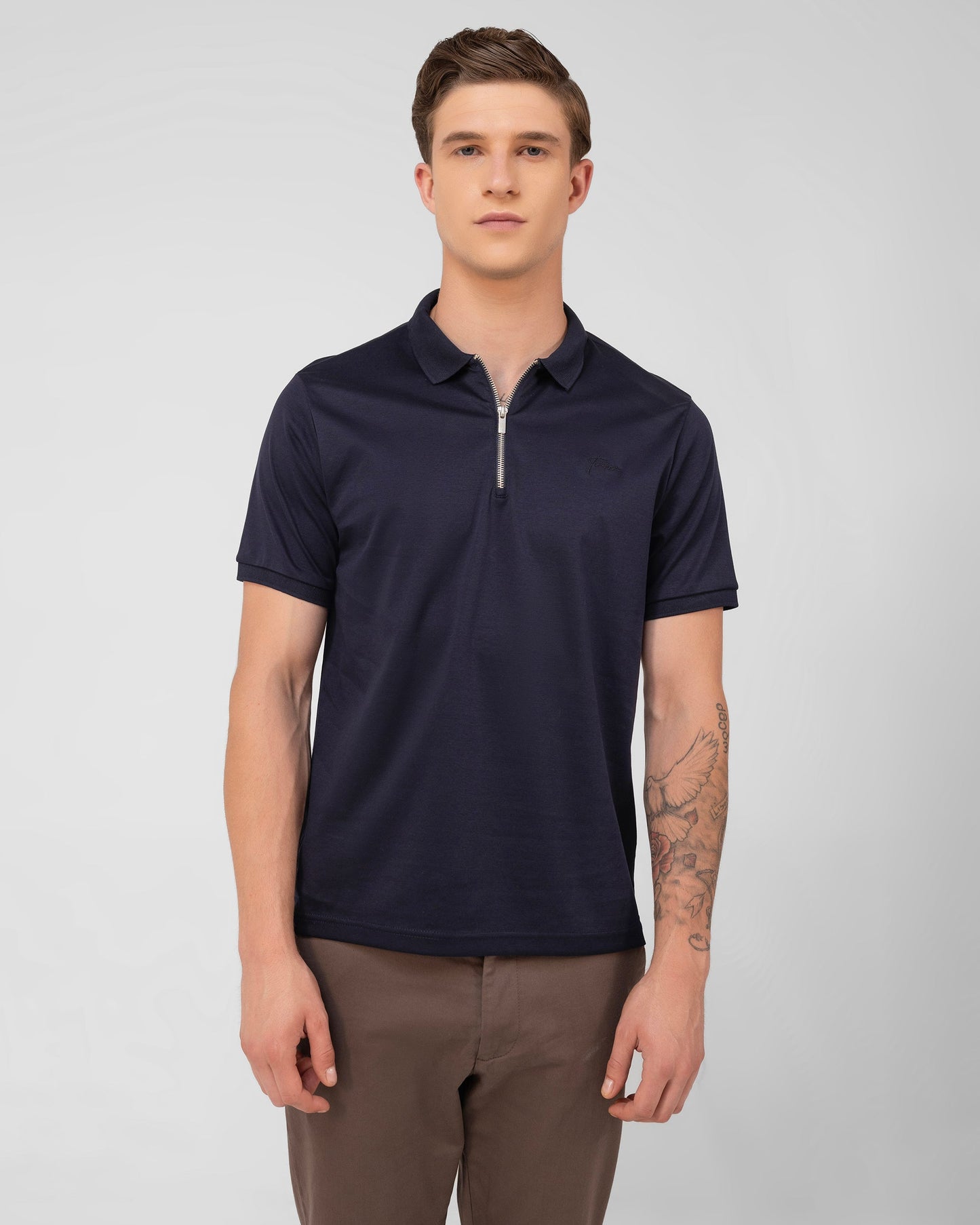 Mercerised Cotton Zipper Polo Regular Fit Navy