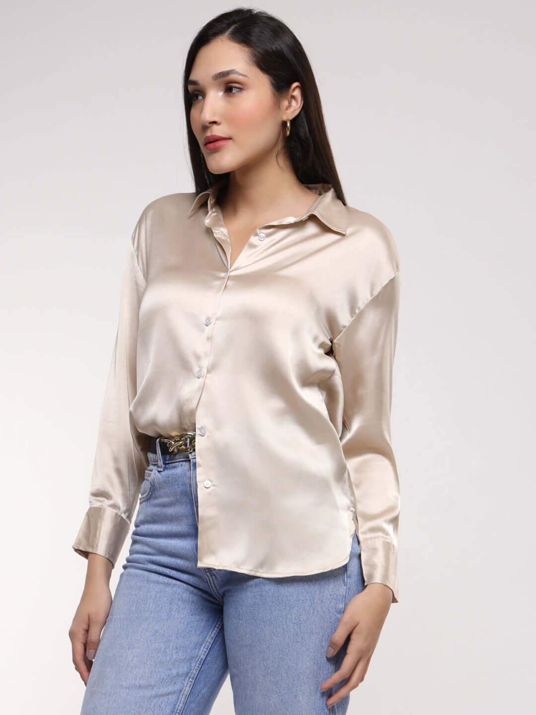 Champagne Drop Shoulder Oversized Summer Satin Shirt
