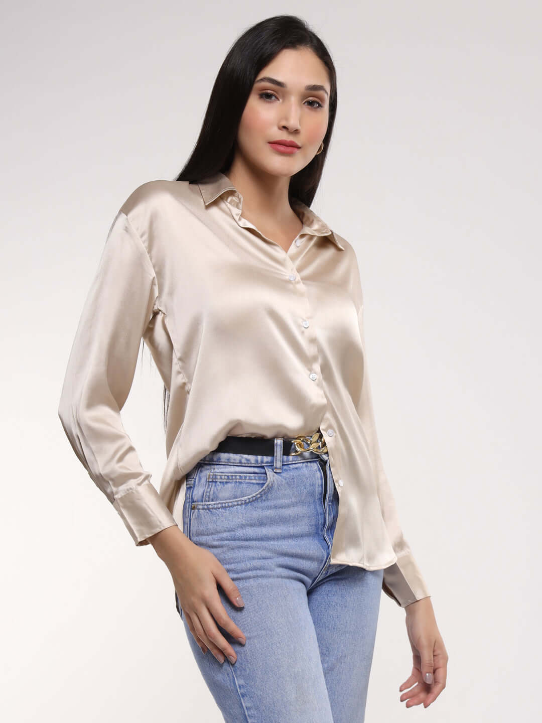 Champagne Drop Shoulder Oversized Summer Satin Shirt