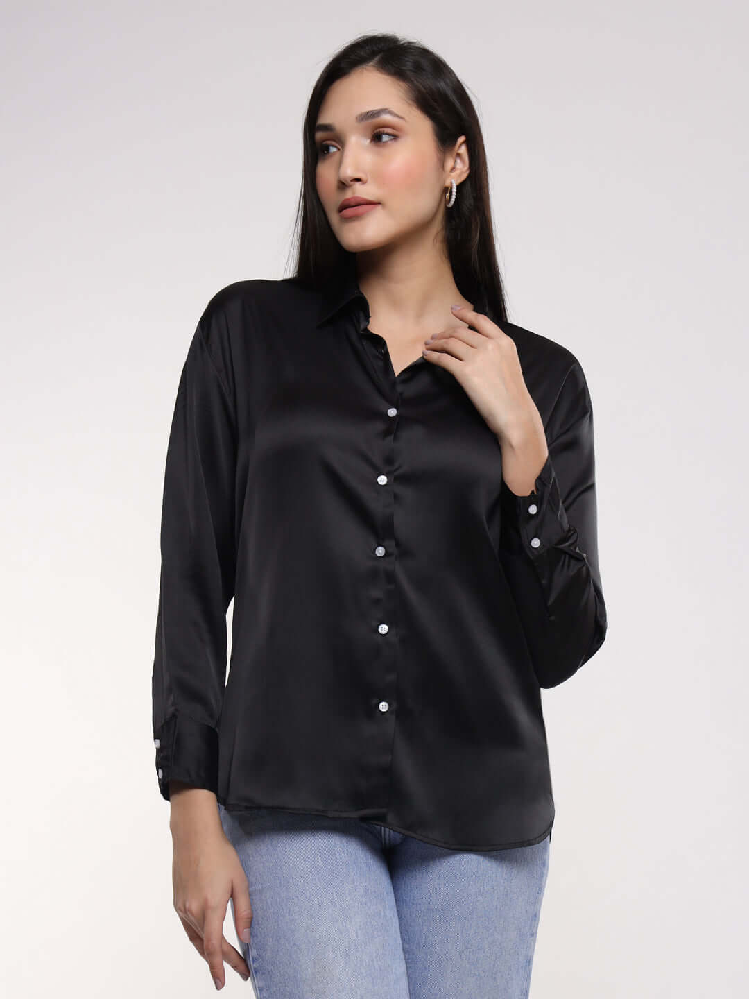 Black Drop Shoulder Oversized Summer Satin Shirt