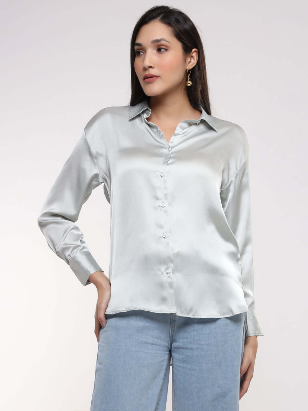 Grey Drop Shoulder Oversized Summer Satin Shirt