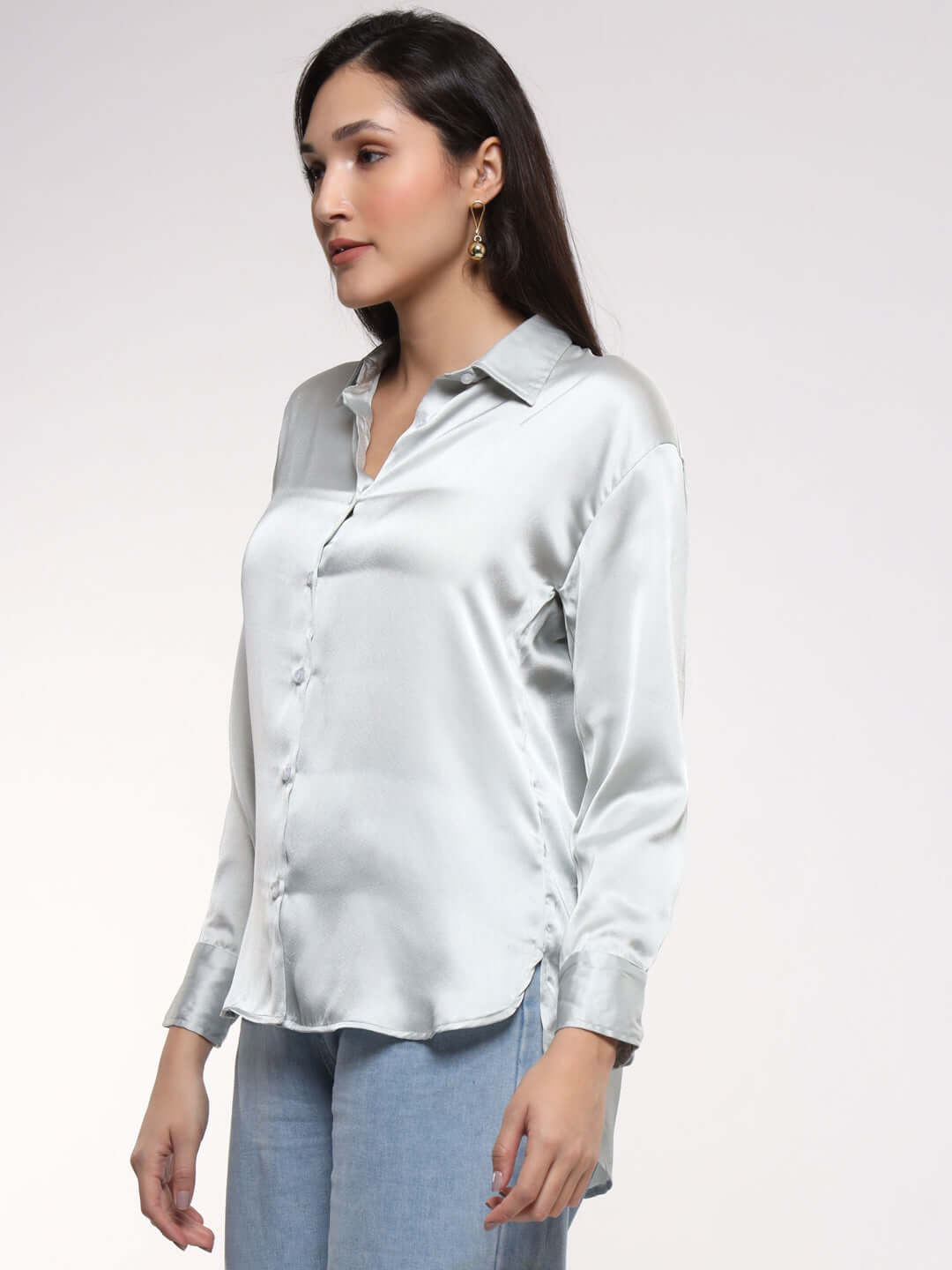 Grey Drop Shoulder Oversized Summer Satin Shirt