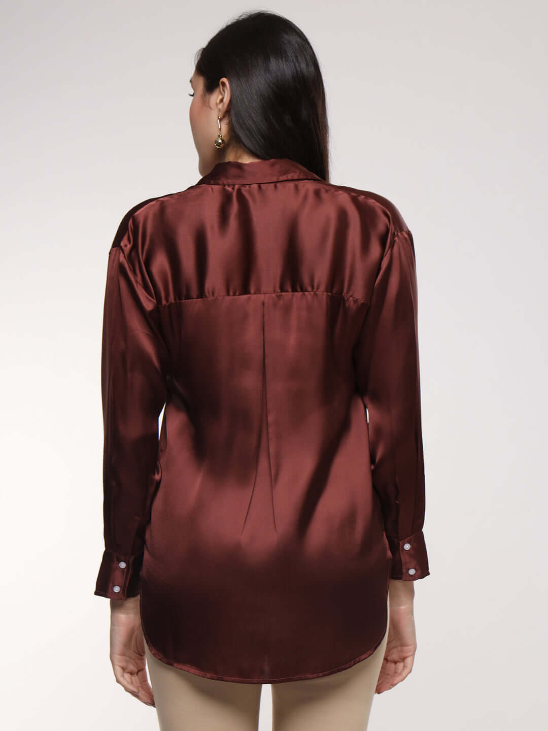 Chocolate Brown Drop Shoulder Oversized Summer Satin Shirt