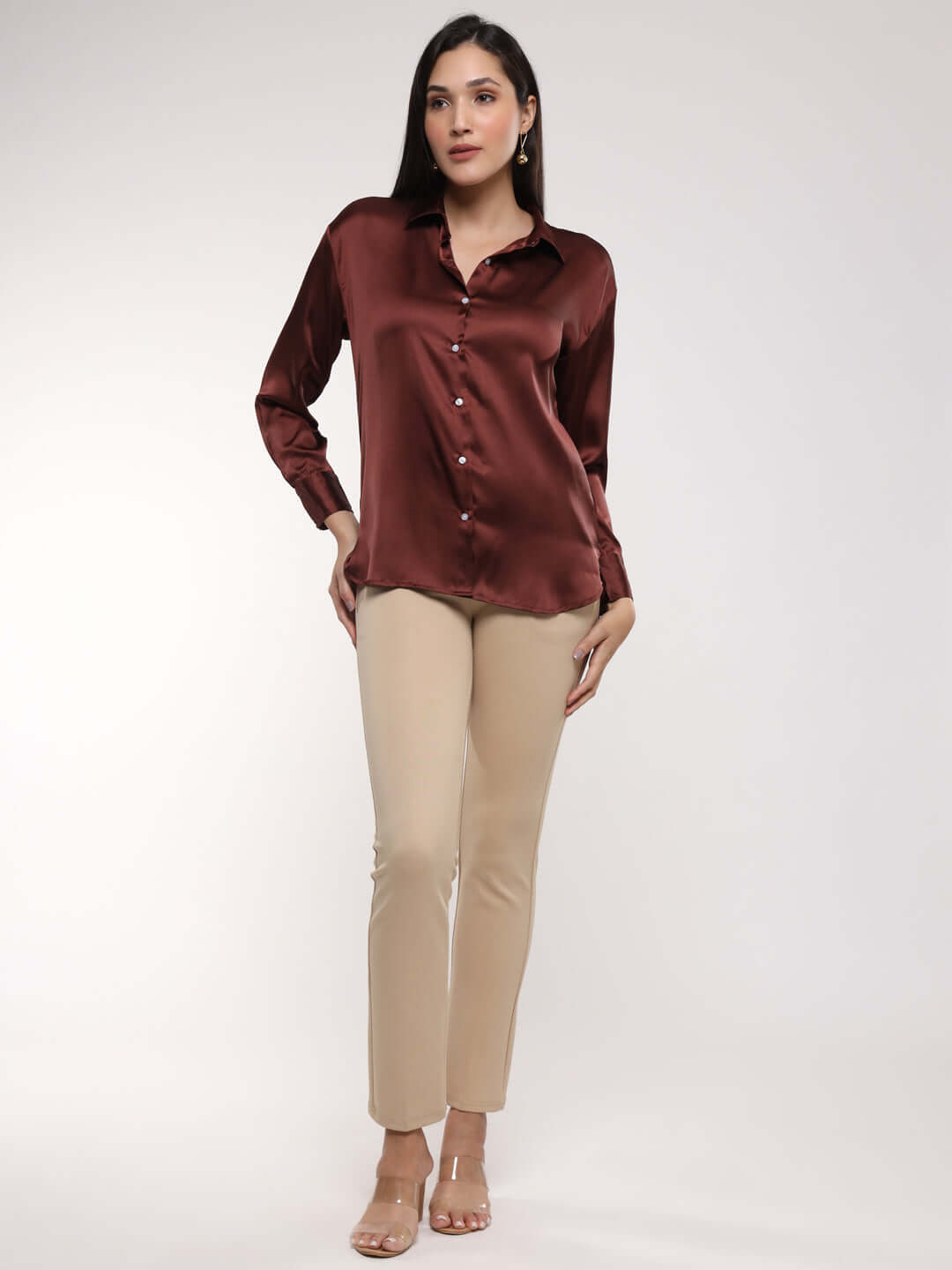 Chocolate Brown Drop Shoulder Oversized Summer Satin Shirt