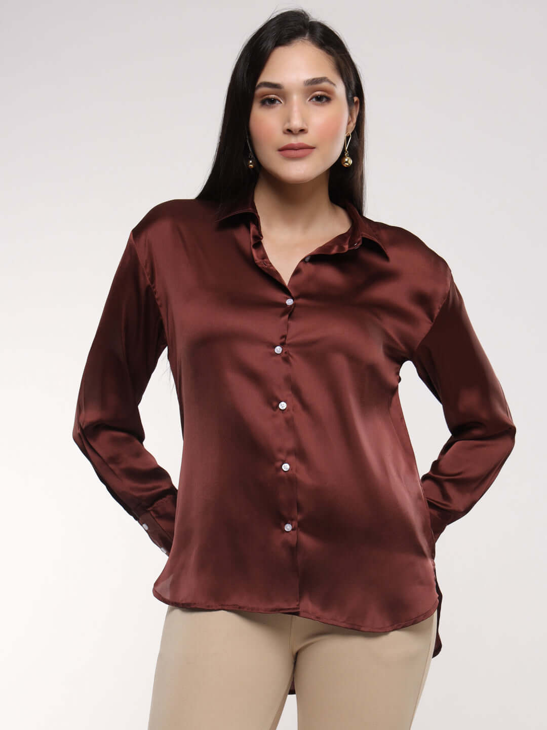 Chocolate Brown Drop Shoulder Oversized Summer Satin Shirt