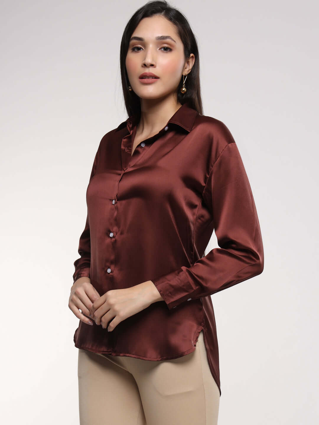 Chocolate Brown Drop Shoulder Oversized Summer Satin Shirt